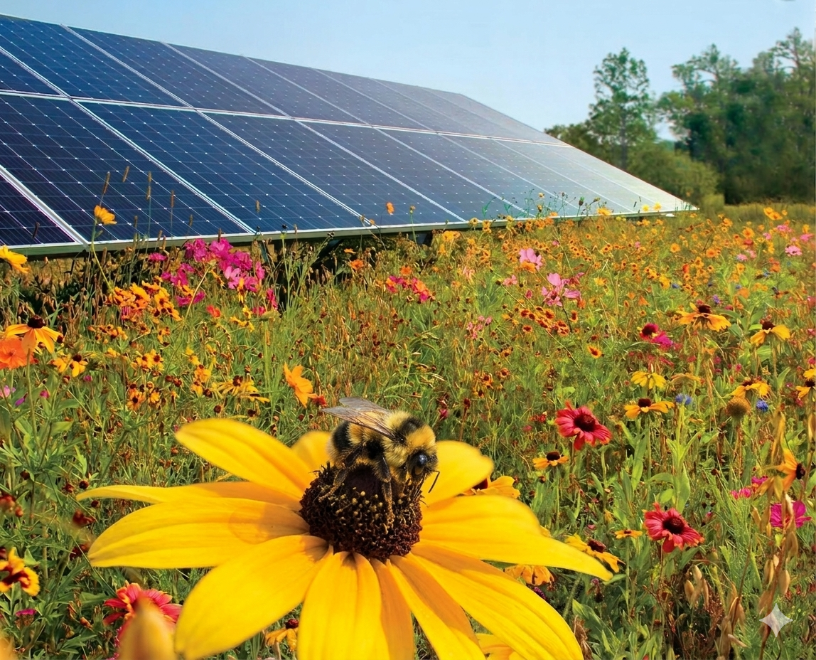 Bee pollinating wildflowers at a community solar farm