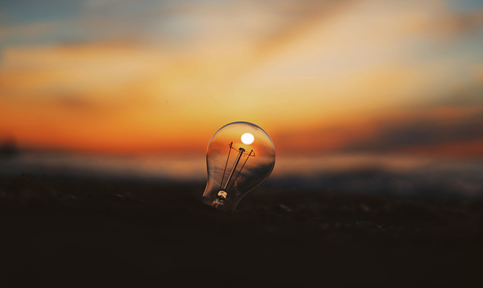 Clear glass lightbulb at sunset with the sun visible inside it — the bulb meeting the sun