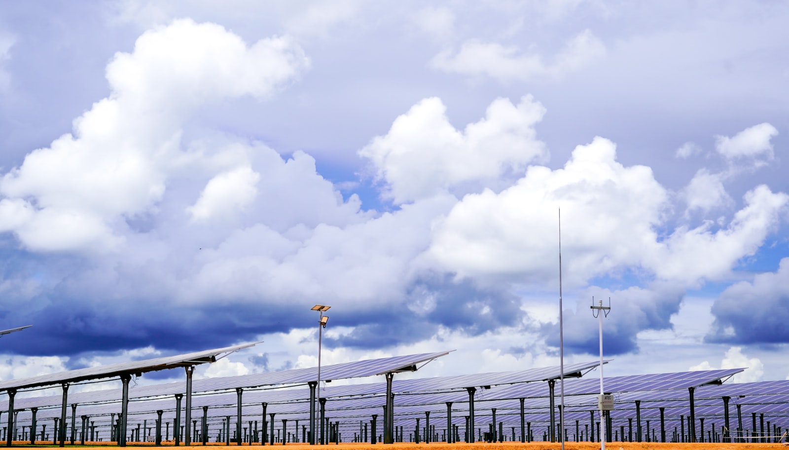 Rows of solar panels at a community solar farm under a wide sky